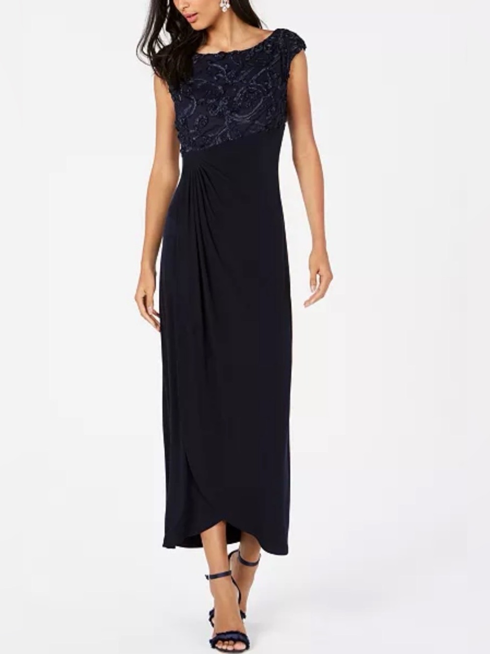 Connected Apparel Navy Blue Floor Length Embroidered Wrap Dress Size 8